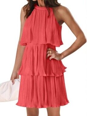 Tiered Pleated Halter Dress in Coral Pink